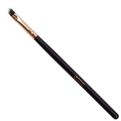 Contour brush, dark brown handle, copper-colored ferrule, flat, slanted, synthetic hair
