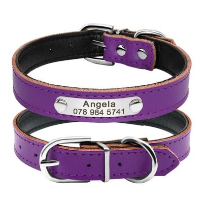Leather Collar - Purple - Neck fit 32 to 39 cm
