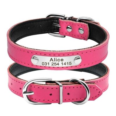 Leather Collar - Hot Pink - Neck fit 32 to 39 cm