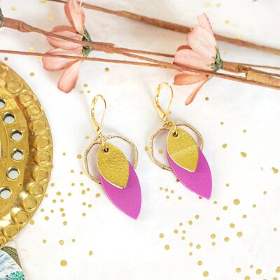 Creole and Sequin earrings - fuchsia pink and gold leather