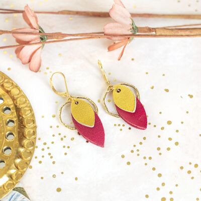 Creole and Sequin earrings - raspberry and gold leather