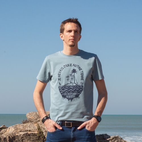 Tee shirt en coton biologique bleu REVE, coupe mixte, sérigraphié à la main