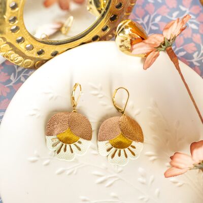 Cherry blossom earrings - rose gold, gold and white leather