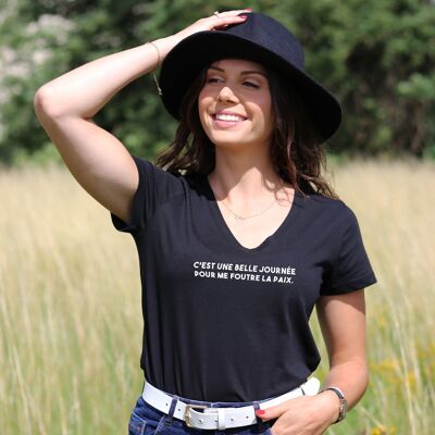 T-shirt col V "C'est une belle journée" - Femme - Couleur Noir