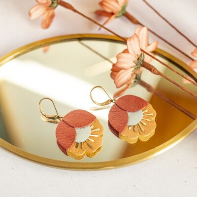 Cherry Blossom earrings - pearly blue-grey coppery red and aurora yellow leather