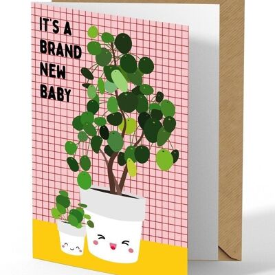 Tarjeta de felicitación nuevo bebé pilea para recién nacidos y amantes de las plantas