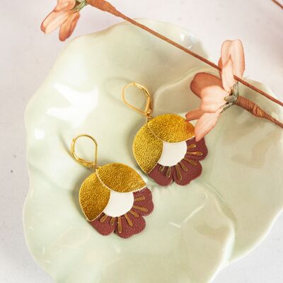 Cherry blossom earrings - gold, white and burgundy red leather