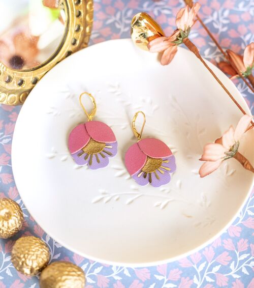 Boucles d'oreilles Fleur de Cerisier - cuir rose fuchsia, doré et parme