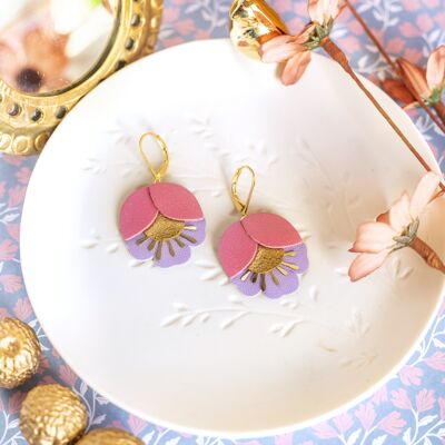 Cherry Blossom Ohrringe – Fuchsia, Gold und Parma-Leder