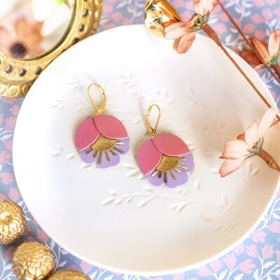 Boucles d'oreilles Fleur de Cerisier - cuir rose fuchsia, doré et parme
