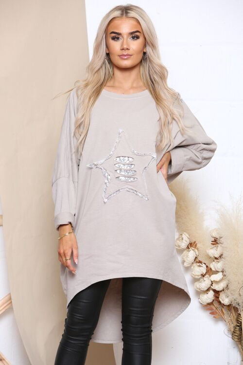 Beige T-Shirt With Sliver Star Sequin Logo