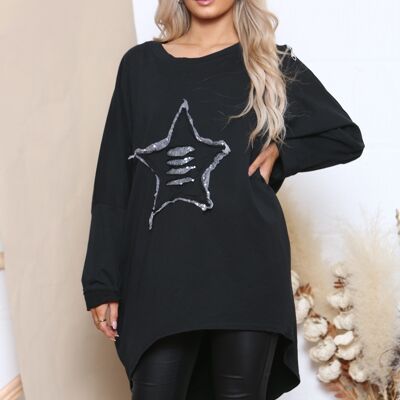 T-shirt nera con logo in paillettes a stella in nastro