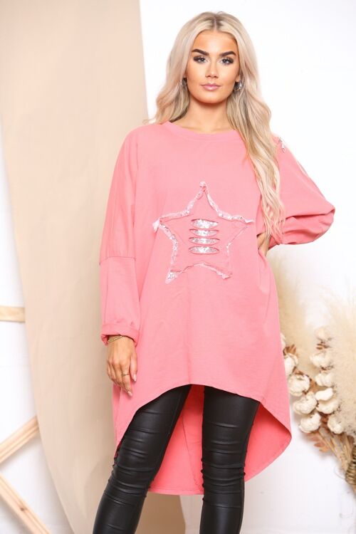 Coral T-Shirt With Sliver Star Sequin Logo