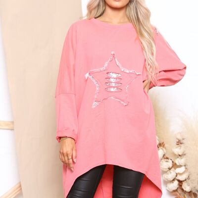 Coral T-Shirt With Sliver Star Sequin Logo