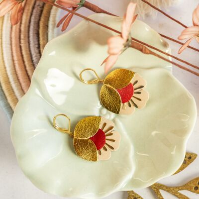 Boucles d'oreilles Fleur de Cerisier - cuir doré, rouge et beige