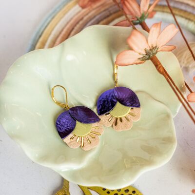 Boucles d'oreilles Fleur de Cerisier - cuir violet métallisé, vert pistache, rose chair