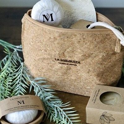 Natural cork toiletry bag with saffron soap and shampoo