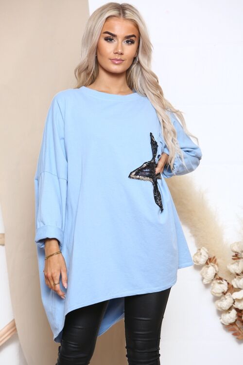 Blue Oversize Beige T-Shirt With Star Sequin Logo