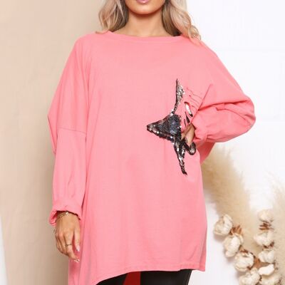 Coral Oversize Beige T-Shirt With Star Sequin Logo