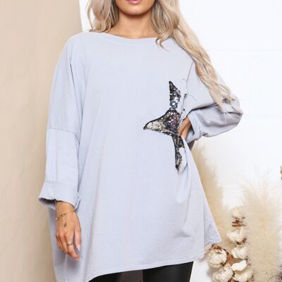 Grey Oversize Beige T-Shirt With Star Sequin Logo