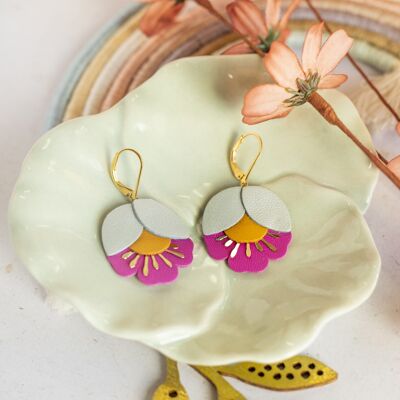 Cherry Blossom earrings - pearly opaline leather, mustard yellow and fuchsia pink