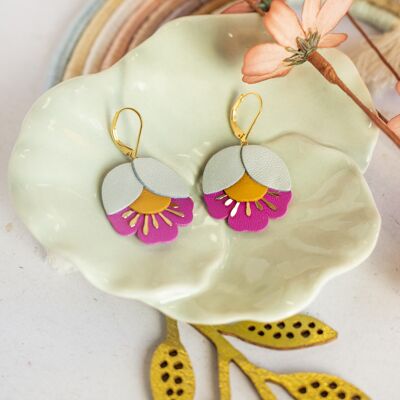 Cherry Blossom earrings - pearly opaline leather, mustard yellow and fuchsia pink
