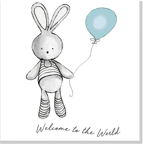 Welcome Bunny Balloon square card - Blue