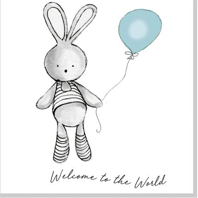 Welcome Bunny Balloon square card - Blue