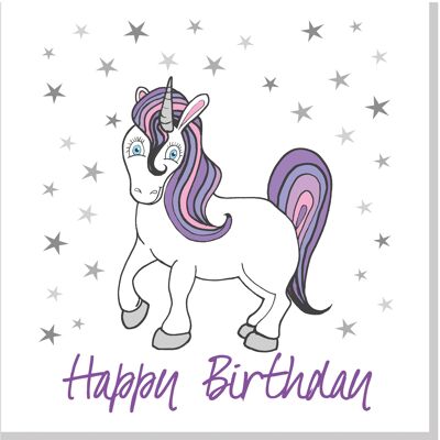 Carte carrée joyeux anniversaire licorne pastel