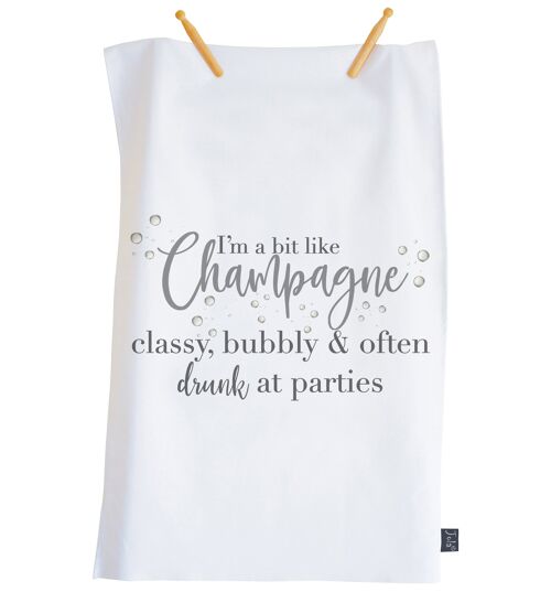 New Champagne Classy, Bubbly Tea Towel - Grey