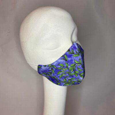 Purple and green leaf print cotton lined with black and blue polka dot silk and white elastic.