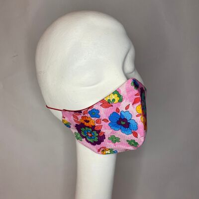 Pink floral print cotton with red silk satin lining and red elastic.