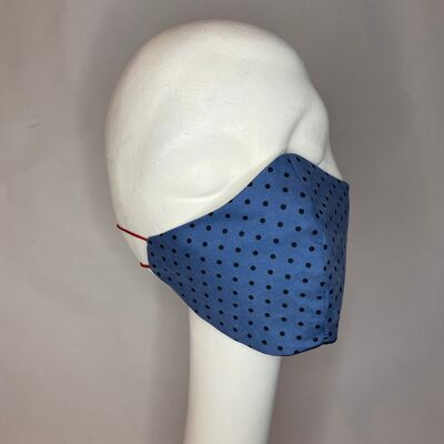 Black and blue polka dot silk with black silk lining and red elastic.