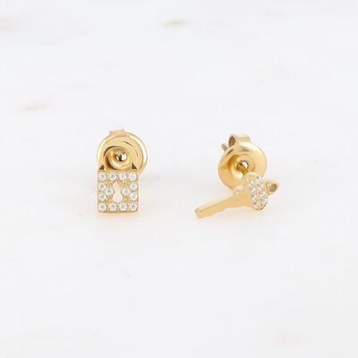 Golden Stella earrings with padlock and key in white zirconium
