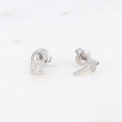 Stella rhodium earrings with padlock and key in white zirconium