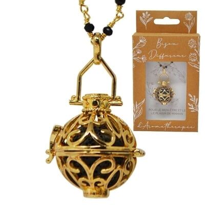 Gold cage diffuser necklace - LIA (Black crist. pearl jump/black lava ball)