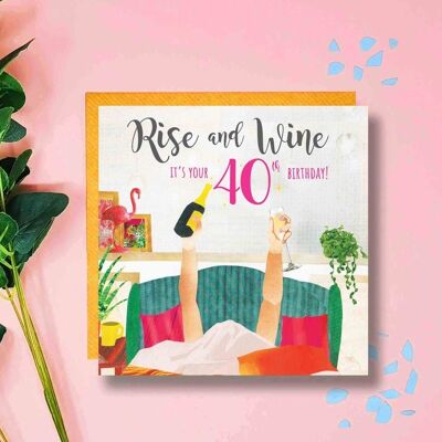 Rise and Wine 40th Birthday Card, Prosecco o'clock, Wine Lover, Prosecco Birthday Card, Milestone, Funny Birthday Card for 40th