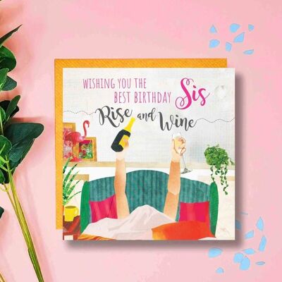 Rise and Wine SISTER Birthday Card, Prosecco o'clock, Wine Lover, Prosecco Birthday Card, Best Sister, Funny Birthday Card for Sister