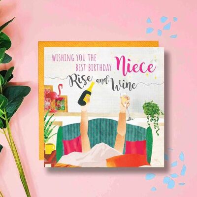 Rise and Wine NIECE Birthday Card, Prosecco o'clock, Wine Lover, Prosecco Birthday Card, It's Your Birthday, Funny Birthday Card for Niece