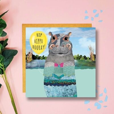 Hippo Hooray! Card, Cute Hippo Card, Congratulations Card, Kids Birthday Card, Children's Card