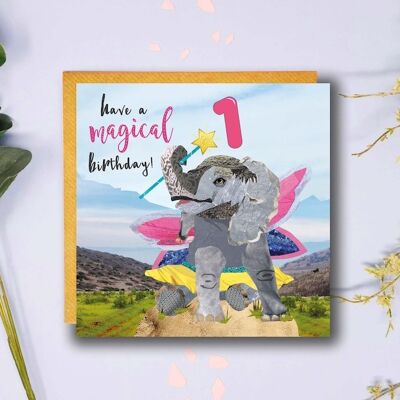 1st Birthday Card, Elephant Birthday card, Children's Age Card, Baby Elephant Card, Magical Birthday