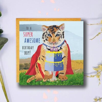 Awesome Birthday Boy, Superhero Card, Tiger Cub