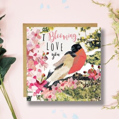 Blooming Love You, Valentines Day Card, Anniversary Card, Bullfinches, Bird Card, Flower Lover, Bird Lover