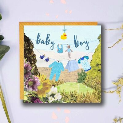Baby Boy Card, New Arrival, New Baby Card, Cute Baby Card, Washing Line, Baby Clothes