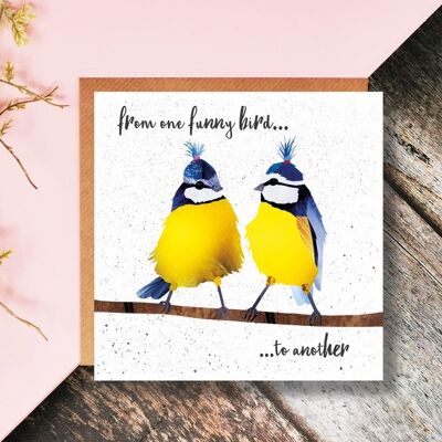 From One Funny Bird To Another, Friendship Greetings Card, Blue Tits, Quirky Bird Card, Illustrated in Collage
