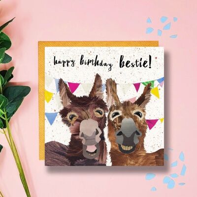 Happy Birthday Bestie, Birthday Card, Donkeys, Quirky Card