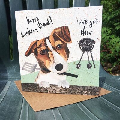 Happy Birthday Dad Greetings Card, Jack Russell, Barbecue Lover, Quirky Animal Card, Illustrated in Collage