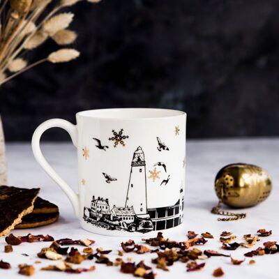 Whitley Bay Mug - with gold snowflakes