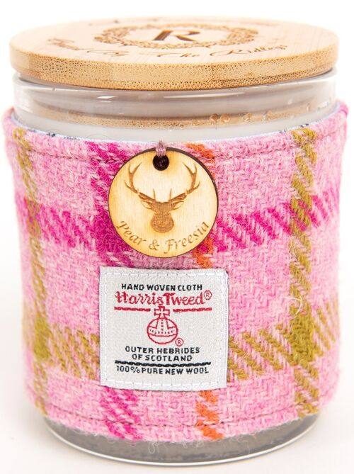 English Pear & Freesia Scented Soy Candle with Harris Tweed Sleeve