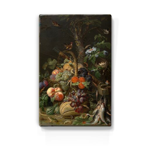 Laqueprint, Stilleven met fruit, vis en een nest - Abraham Mignon